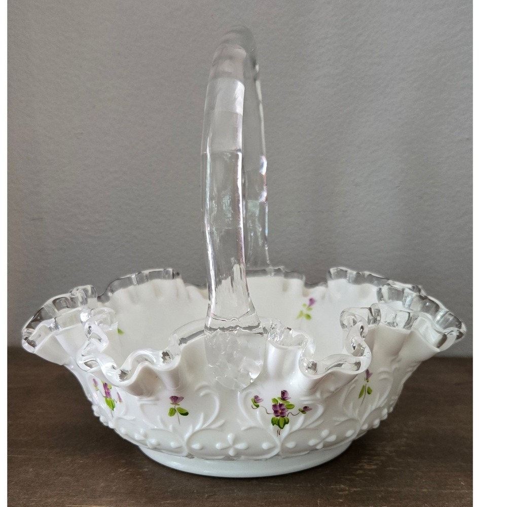 Vtg Fenton Milk Glass Ruffled 7" Basket HandPainted Violets in Snow Silver Crest